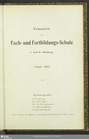 Censuren der Fach- und Fortbildungs-Schule : I. und II. Abteilung