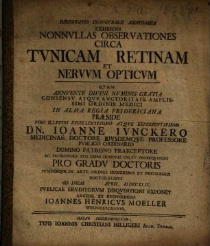 Dissertatio Inavgvralis Anatomica Exhibens Nonnvllas Observationes Circa Tvnicam Retinam Et Nervvm Opticvm
