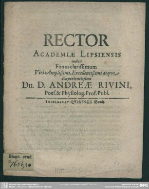 Rector academiae Lipsiensis indicit funus ... Andreae Rivini ... : [progr. in funere Andr. Rivini]