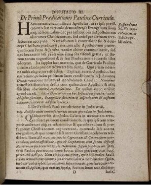 Disputatio III. De Primo Praedicationis Paulinae Curriculo