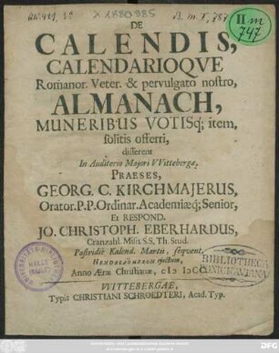 De Calendis, Calendarioque Romanor. Veter. & pervulgato nostro, Almanach, Muneribus Votisq[ue] item, solitis offeri