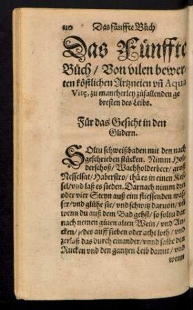 Das Fünffte Buch/ Von vilen bewerten köstlichen Artzneien un[d] Aqua Vitae, zu mancherley zufallenden gebresten des Leibs.