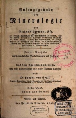 Anfangsgründe der Mineralogie, 1. Erden und Steine