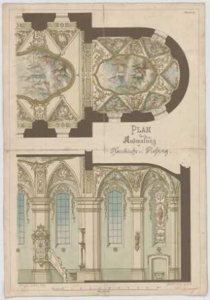 Müller, Josef Anton; Floßing; Pfarrkirche - Ausmalung der Seitenwand u. Decke (Grundriss m. Teilansicht, Teilansicht m. Schnitt)