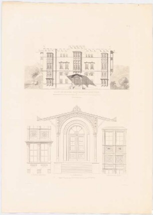 Werke der höheren Baukunst, Darmstadt 1856 Schloss im Gebirge: Ansicht Auffahrtsseite, Portal, Erker