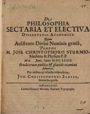 De Philosophia Sectaria Et Electiva Dissertatio Academica
