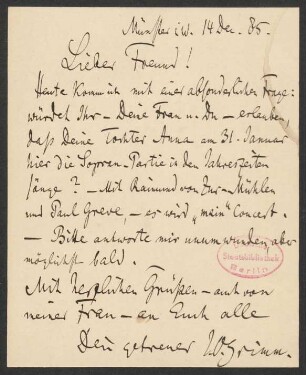 Briefkarte an Franz Wüllner : 14.12.1885