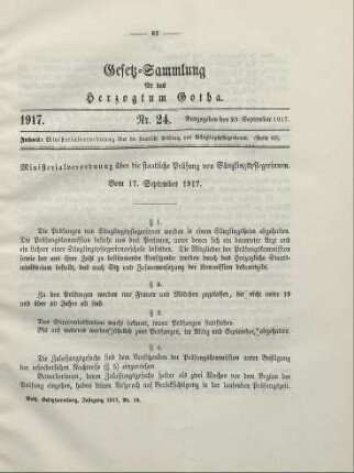 24. Ministerialverordnung über die staatliche Prüfung von Säuglingspflegerinnen. Vom 17. September 1917