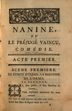 Nanine : comédie en trois actes, en vers de dix syllabes