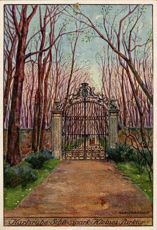 Postkartenalbum mit Motiven von Karlsruhe. "Karlsruhe. Schlosspark. Kleines Parktor". Parktor im Schlossgarten