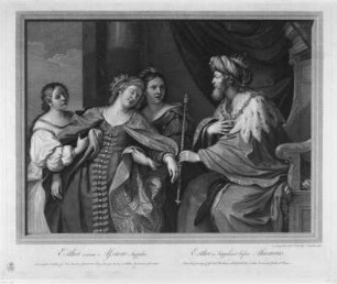 Esther als Flehende vor Ahasver : Strange, Robert (1721-1792) nach Barbieri, Giovanni Francesco (Guercino) (1591-1666). Esther als Flehende vor Ahasver. Kupferstich; 40,0 x 48,6 cm. Dresden: Kupferstich-Kabinett A 113526 in A 478m,2