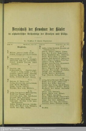 Häuserbuch : Verzeichniß der Bewohner der Häuser in alphabetischer Reihenfolge der Straßen und Plätze