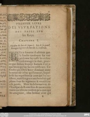 Premier Livre Des Uurpations Des Papes Sur les Roys.