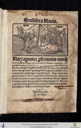 Stultifera Nauis : Narragonice p[er]fectionis nunq[ue] satis laudata Nauis