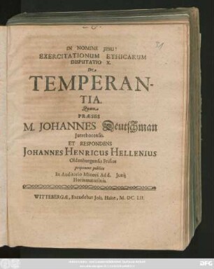 Exercitationum Ethicarum Disputatio X. De Temperantia