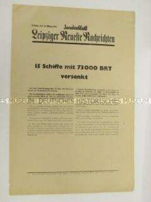 Sonderblatt der "Leipziger Neuesten Nachrichten" mit Kurzmeldungen von verschiedenen Kriegsschauplätzen u.a. über die deutsche Bombardierung von kriegswichtigen Zielen an der britischen Südküste