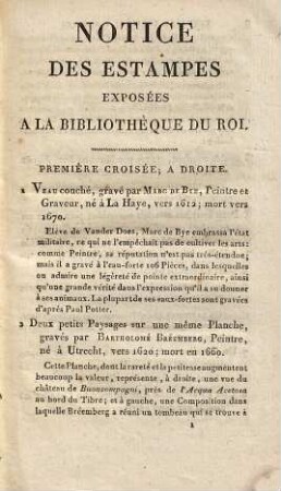 Notice des estampes exposées à la bibliothèque du Roi