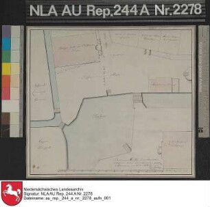 Lage des Hafens und der angrenzenden Gebäude in AURICH Kolorierte Zeichnung von Meyer Papier auf Leinen Format 30,5x27,5 M 1:260