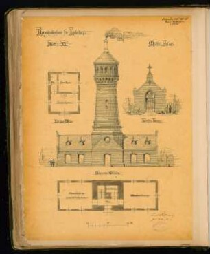 Kreiskrankenhaus, Insterburg Monatskonkurrenz November 1885: Leichenhalle und Wirtschaftsgebäude: jeweils in Grundriss Erdgeschoss und Aufriss Vorderansicht; Maßstabsleiste