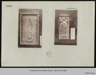 Reliefs der Buchdeckel des Manuskriptes Harley 2889 mit dem Evangelisten Matthäus (vorderer Einband) und einem heiligen Abt oder Bischof, der von zwei Männern in Proskynese verehrt wird (hinterer Einband)