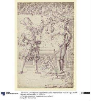 Ein Krieger mit aufgestemmter Lanze und eine nackte weibliche Figur, die ihm einen Becher reicht