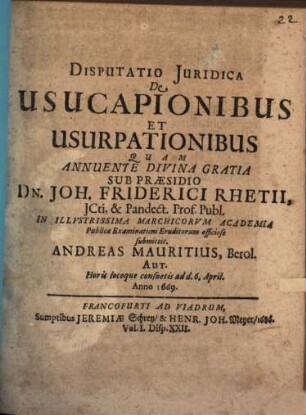 Disp. iur. de usucapionibus et usurpationibus