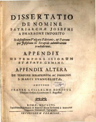 Dissertatio de nomine patriarchae Josephi a Pharaone imposito