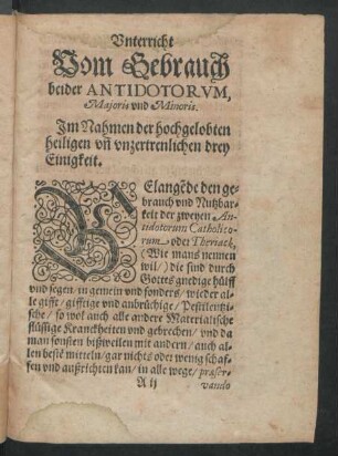 Unterricht Vom Gebrauch beider Antidotorum, Maioris und Minoris.