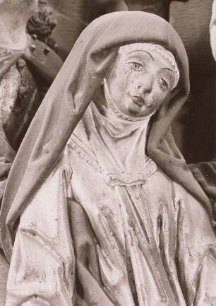 Flügelaltar : Flügelaltar. Holz, geschnitzt, gefaßt (1480/1510). Detail mit Maria aus der Kreuzigungsszene im Mittelschrein. Salzwedel, Marienkirche
