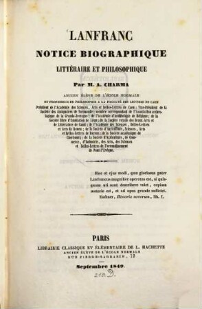 Lanfranc : Notice biographique, littéraire et philosophique