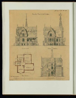 Ländliches Wohnhaus, Berlin-Lichterfelde Monatskonkurrenz April 1881: Grundriss Obergeschoss, Aufriss Rückansicht, 2 Seitenansichten; Maßstabsleiste