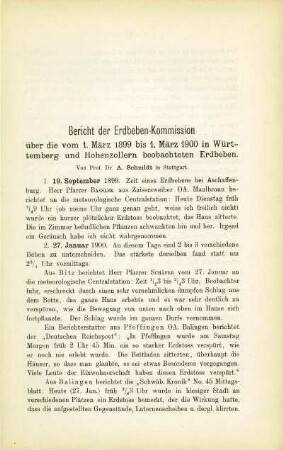 Bericht der Erbeben-Kommission über die vom 1. März 1899 bis 1. Mäerz 1900 in Württemberg und Hohenzollern beobachteten Erdbeben