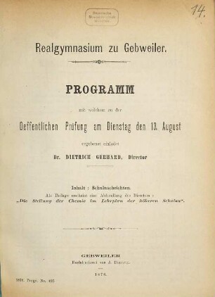 Programm : durch welches zu der öffentlichen Prüfung und Schlussfeier ... ergebenst einladet. 1877/78