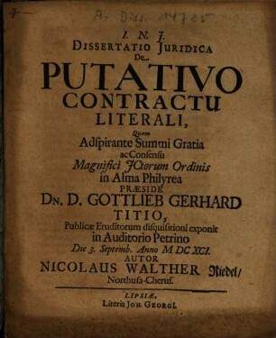 Dissertatio Iuridica De Putativo Contractu Literali
