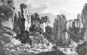 Pirna-Liebethal. Liebethaler Steinbrüche, Mühlsteinproduktion, 19. Jh., Repro