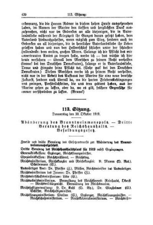 113. Sitzung. Donnerstag den 30. Oktober 1919