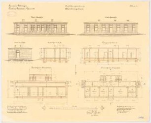 Garnisonslazarett, Göttingen Quarantänehaus: Grundriss Fundamente, Erdgeschoss, Aufriss Nordansicht, Südansicht, Westansicht, Längsschnitt, Querschnitt 1:100