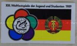 Aufkleber zu den XIII. Weltfestspiele der Jugend und Studenten 1989 in Pyöngyang mit DDR-Flagge