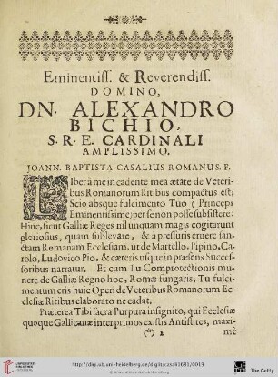 Eminentiß & Reverendiss. Domino, dn. Alexandro Bichio, s.r.e. cardinali amplissimo.