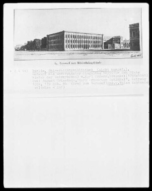 Berlin, Universitätsbibliothek (nicht ausgeführt), Entwurf als unverputzter Ziegelbau (für den Platz hinter der Universität)