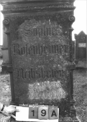 Grabstein 19 (Index: 99609655) Material: Sandstein Zustand: verwittert, Schriftplatte fehlt Maße HxBxT: 224x63x31 cm Beschreibung: Stele, Abdeckplatte, Aufsatz, von Urne bekrönt, Schriftplatte mit Segmentbogenabschluß fehlt, getreppter Sockel, unten Rusticaimitat Symbolik: Urne: Grabstein 19A