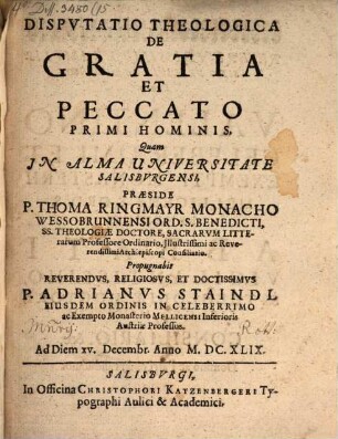 Disp. de gratia et peccato primi hominis