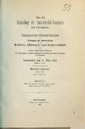 Über die Behandlung der Unterschenkel-Geschwüre mit Ciroumcisio : Inaug.-Diss.