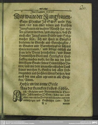 Leichenpredigt : Geistliche Verlobung mit einer gläubigen Seele. [Antritt]. Leichen-Text. Eingang. Abhandlung