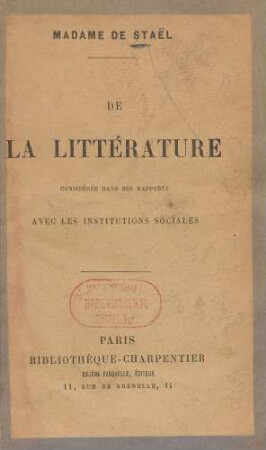 De la littérature considerée dans ses rapports avec les institutions sociales