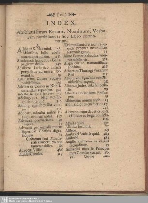 Index. Absolutissimus Rerum, Nominum, Verborum notabilium in hoc Libro contentorum