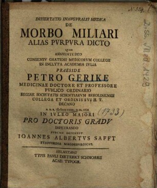 Dissertatio Inavgvralis Medica De Morbo Miliari Alias Pvrpvra Dicto