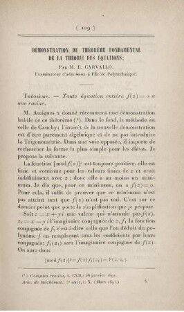 Démonstration du théorème fondamental de la théorie des équations.