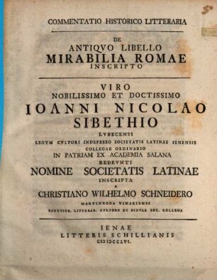 Commentatio Historico Litteraria De Antiqvo Libello Mirabilia Romae Inscripto