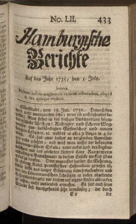 No. LII. Auf das Jahr 1735, den 1. July. - No. LX. Auf das Jahr 1735, den 29. July.